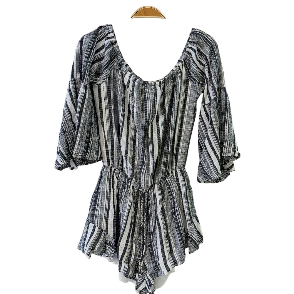 Sage The Label Black White Boho 3/4 Sleeve‎ Romper Linen Blend Size M